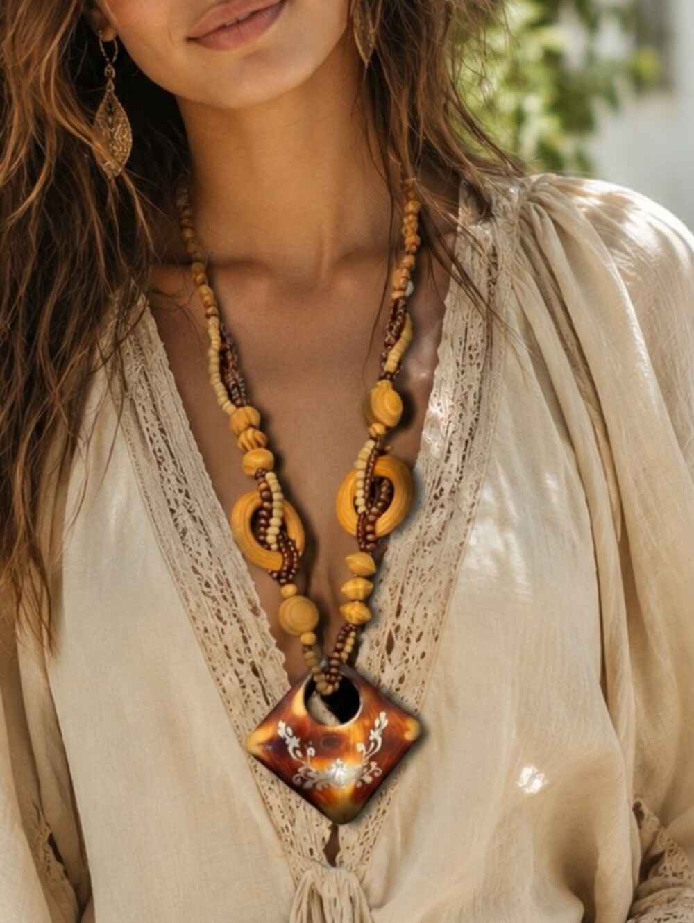Rustic Wooden Bead Necklace & Earrings Set Brown Tribal Statement Jewelry